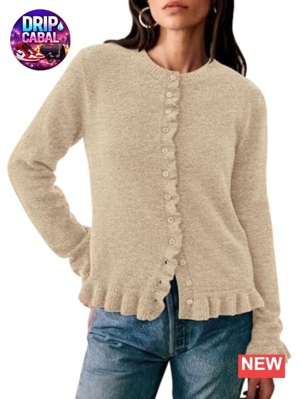 Ruffle Button Down Cardigan Cropped Chunky Knit Sweater